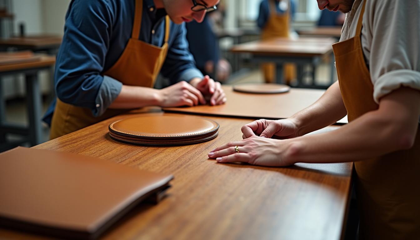 Atelier artisanal de fabrication de sacs Gucci à Florence, Italie, montrant des maroquiniers au travail sur des cuirs précieux