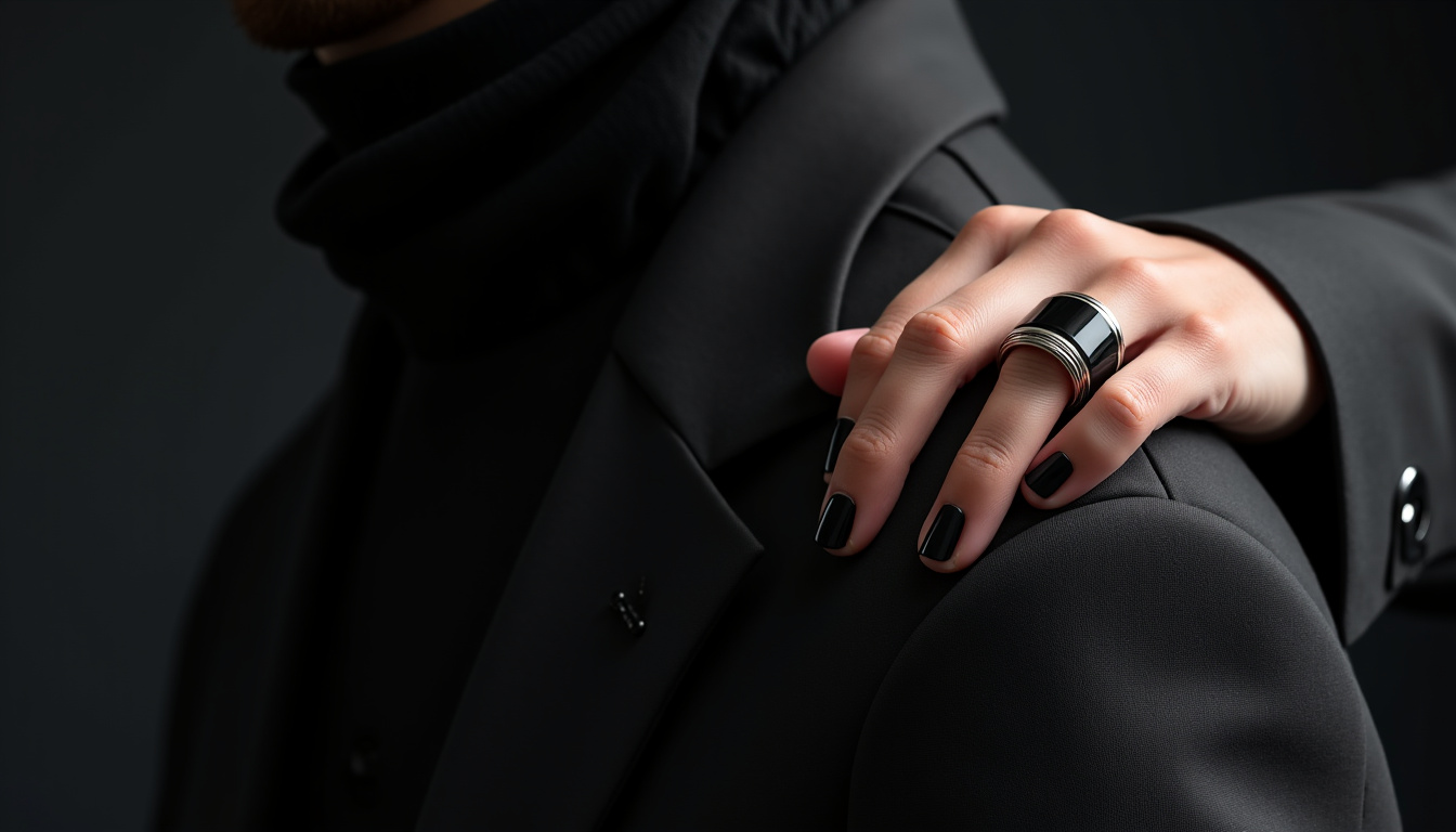 Bague en céramique noire portée sur un costume et un look décontracté
