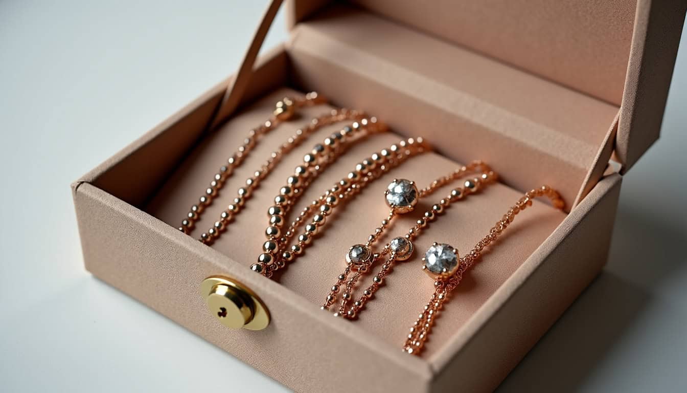 Boîte à bijoux ouverte contenant des colliers, bracelets et bagues bohèmes soigneusement rangés