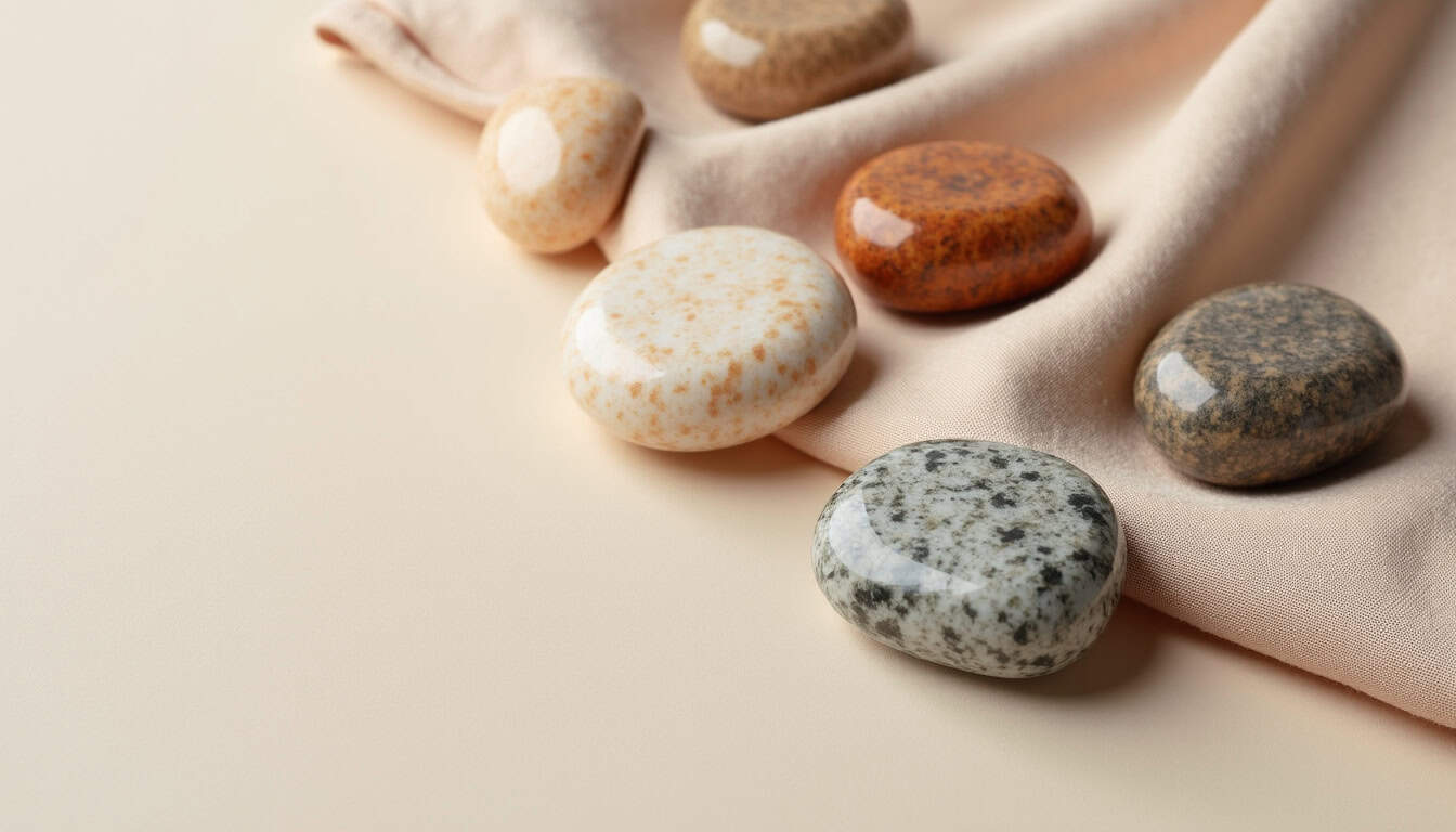 Collection de bijoux bohèmes en pierres naturelles posés sur un tissu beige