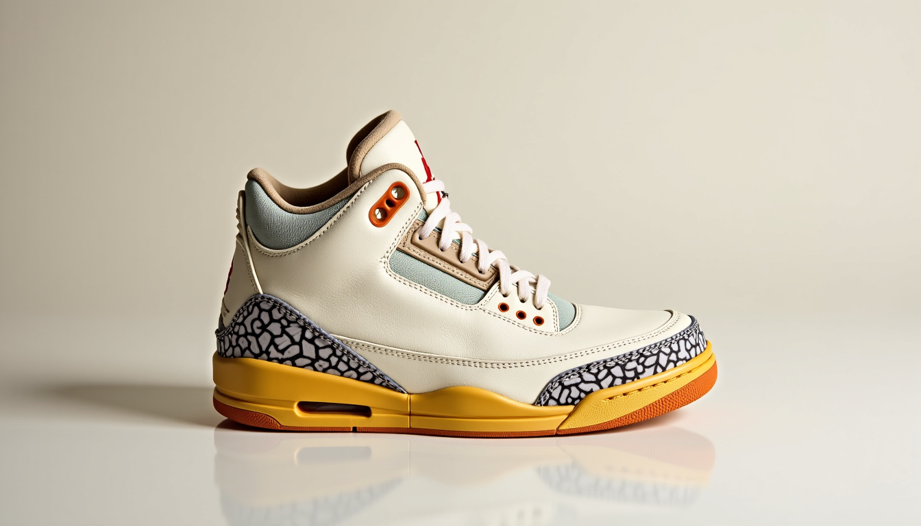 Détails du design de la Jordan 3 A Ma Manière: nubuck crème, broderies, semelle jaunie