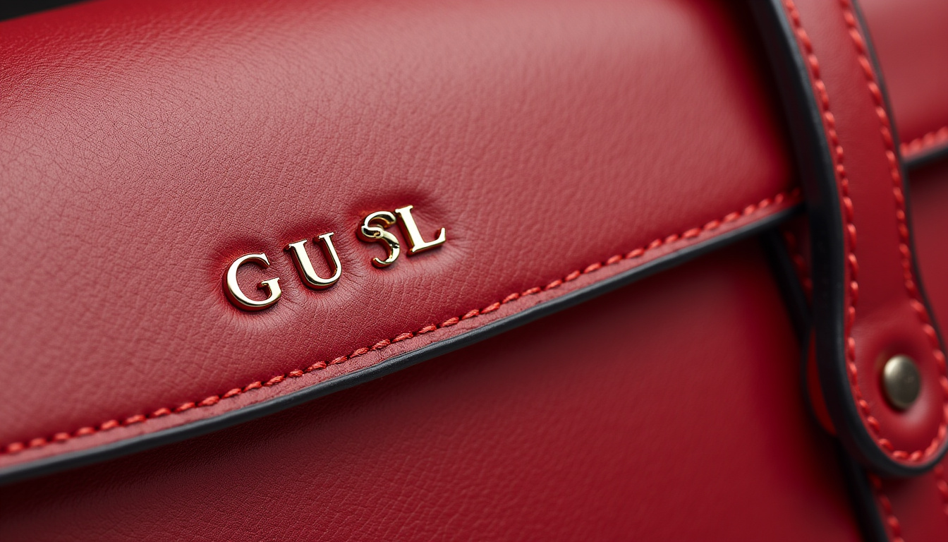 Gros plan sur le logo et le numéro de série d’un sac Gucci, montrant les gravures précises et le cuir de qualité