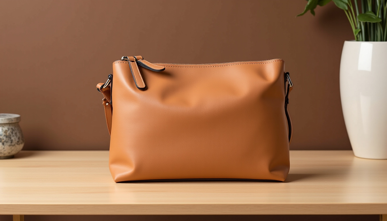 Le Maxi Gina de Léo et Violette posé sur une table en bois clair, cuir camel, forme structurée et épurée