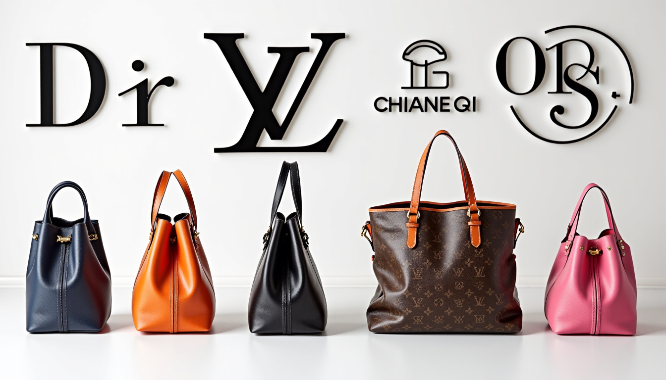 Photomontage des logos des marques de luxe les plus influentes: Louis Vuitton, Chanel, Hermès, Gucci, Dior