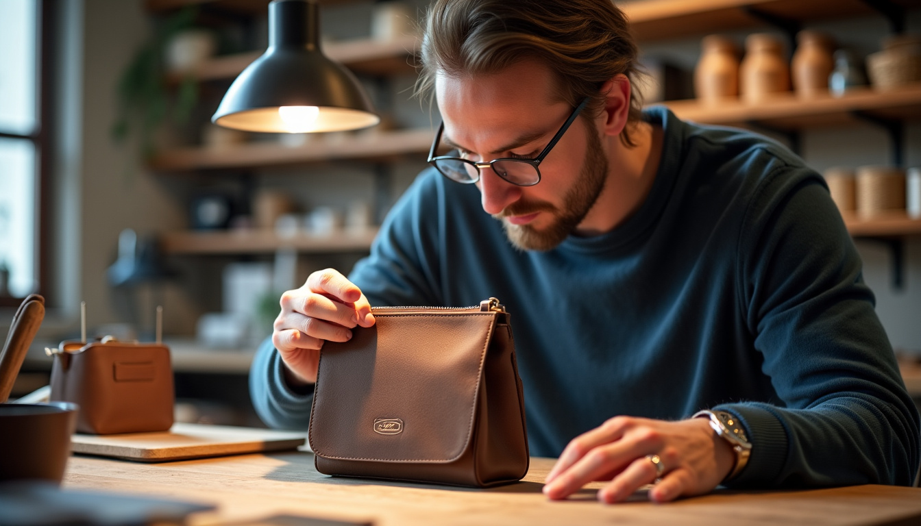 Artisan en train de travailler un sac Senreve dans un atelier italien, montrant le savoir-faire artisanal