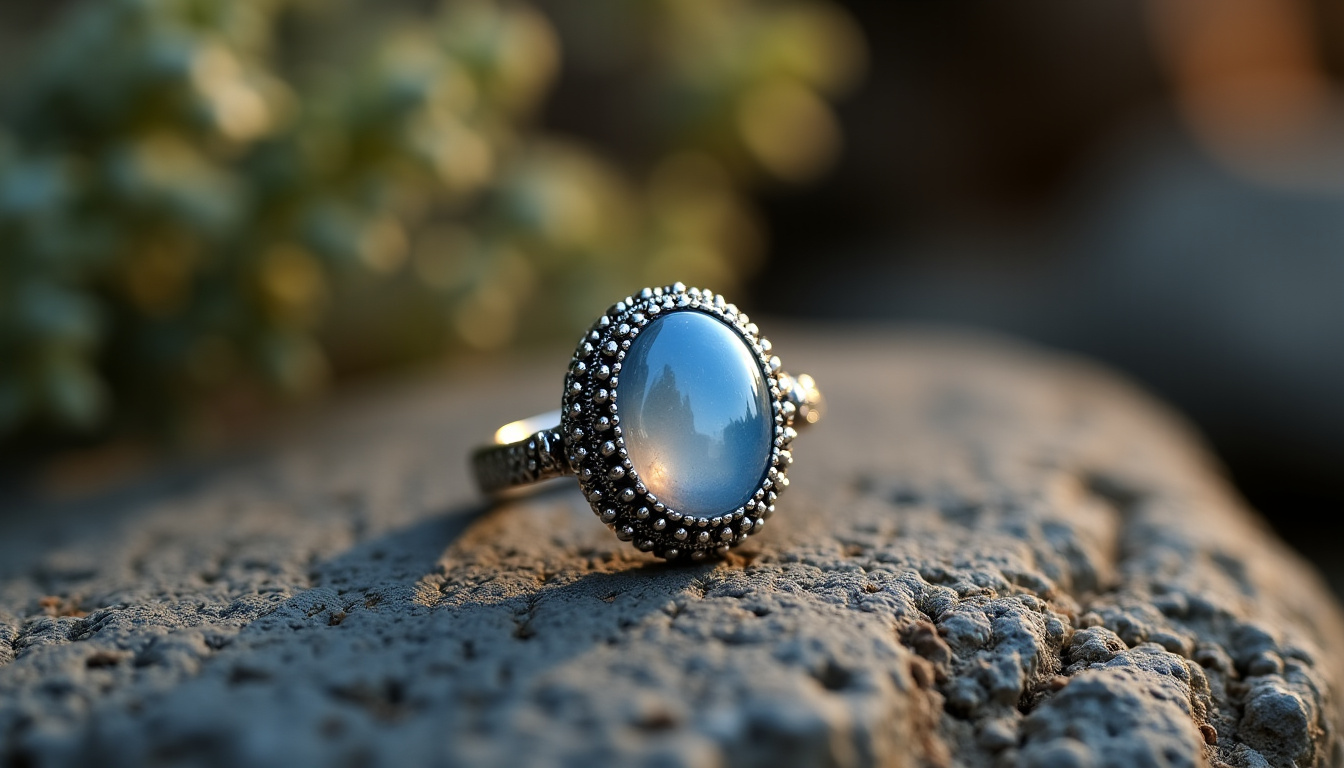 Bague Mayana Bijoux Spirituels en argent avec pierre de lune naturelle, monture fine et délicate, lumière douce mettant en valeur l