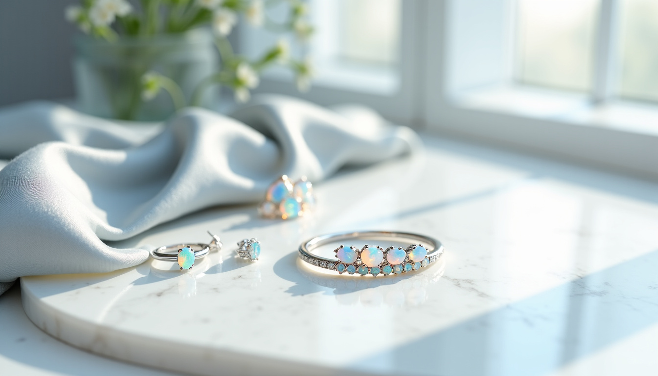 Collection de bijoux en opale: bague solitaire en or blanc, pendentif en argent, boucles d