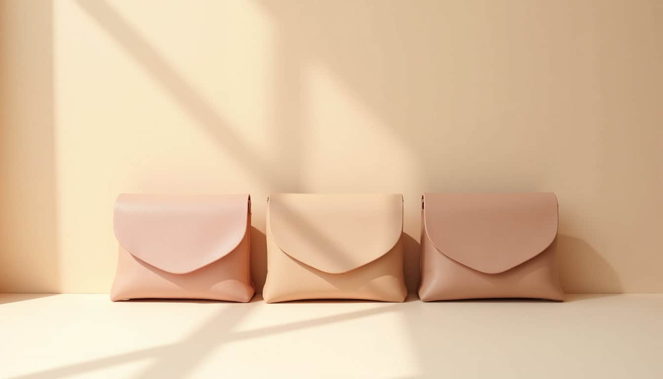 Comparaison de trois nuances de pochette Gaby nude: beige rosé, beige sable et taupe clair posées sur un fond neutre