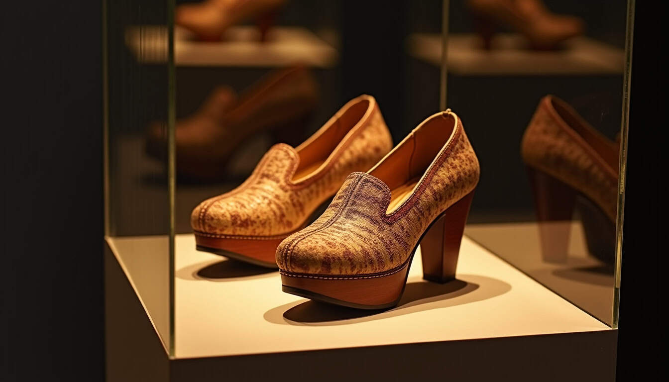 Exposition de chapines vénitiennes dans un musée, avec des chaussures à plateforme haute exposées sous verre
