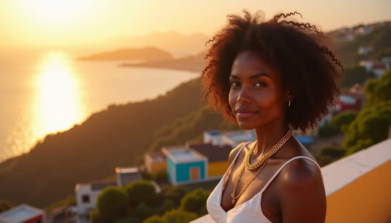 Femme portant un collier forçat en or, symbole de la culture antillaise