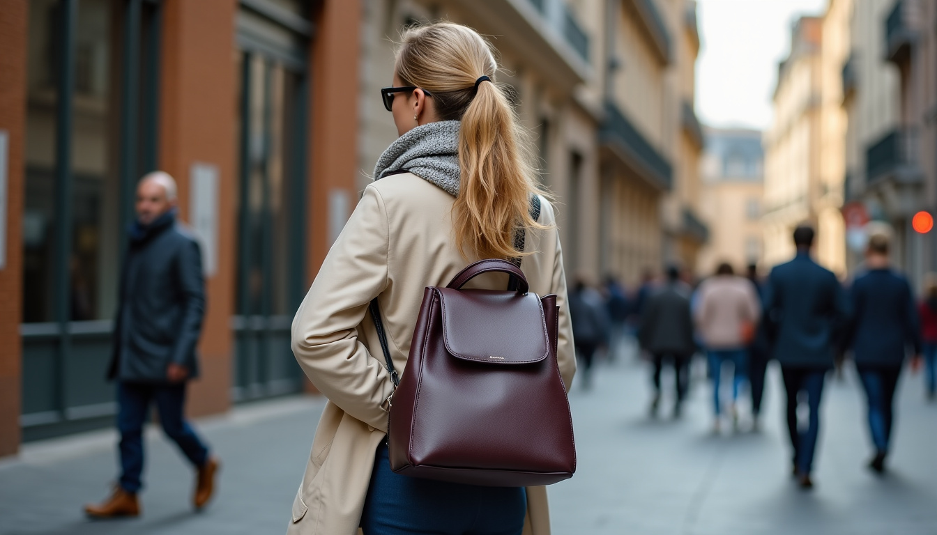 Femme portant un sac Maestra Senreve en situation urbaine, montrant les différentes façons de le porter