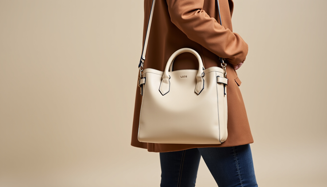 Femme portant un sac porté main en cuir beige d