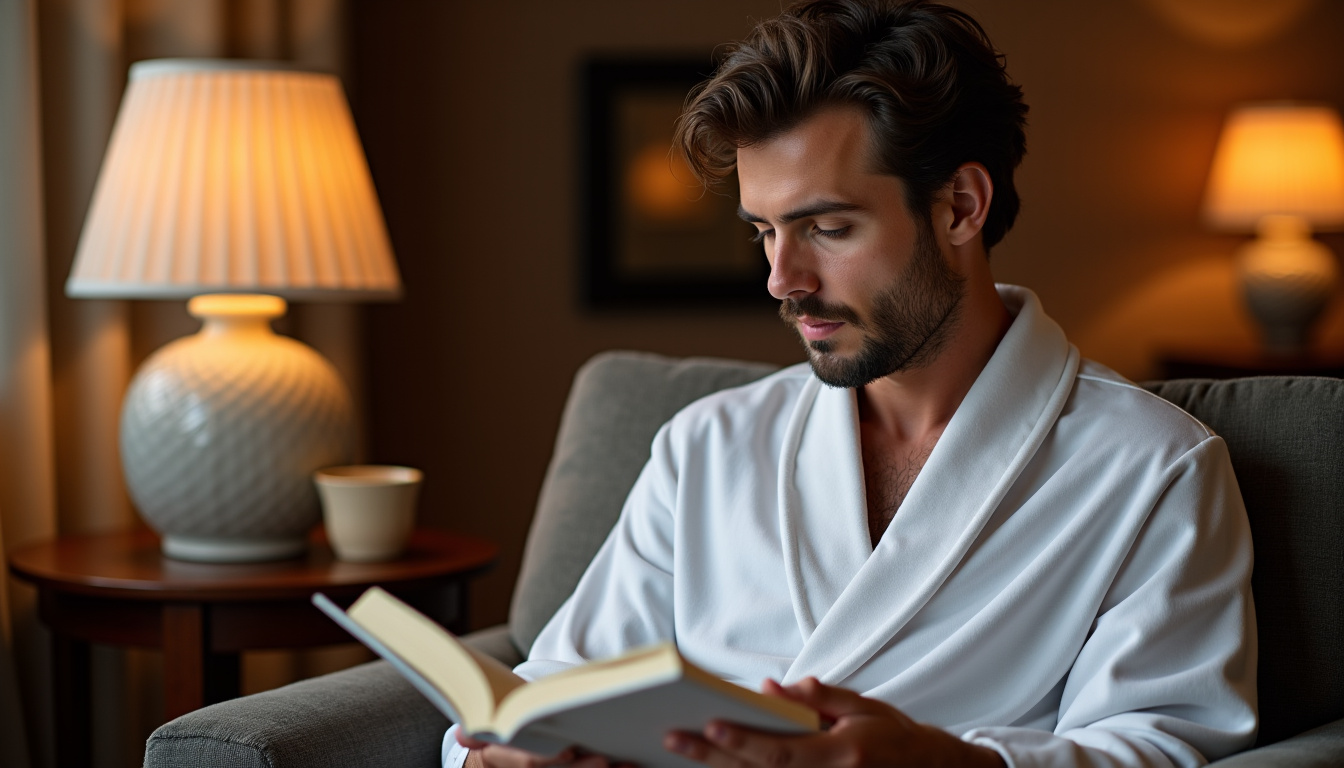 Homme en robe de chambre assis dans un salon, lisant un livre, dans une ambiance chaleureuse