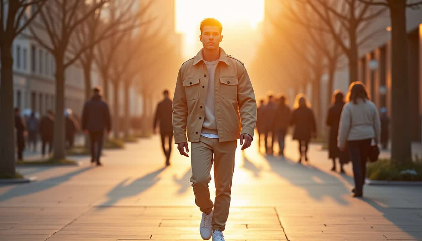 Homme portant un look composé de pièces tendance ASOS en 2026: veste cargo, pull oversize et baskets minimalistes