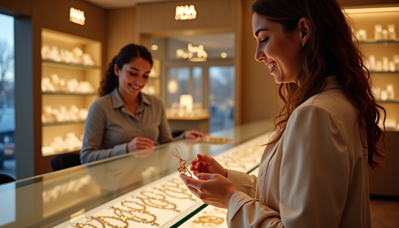 La gérante Lahcen Kheira en train de conseiller un client dans la bijouterie INA à Elbeuf
