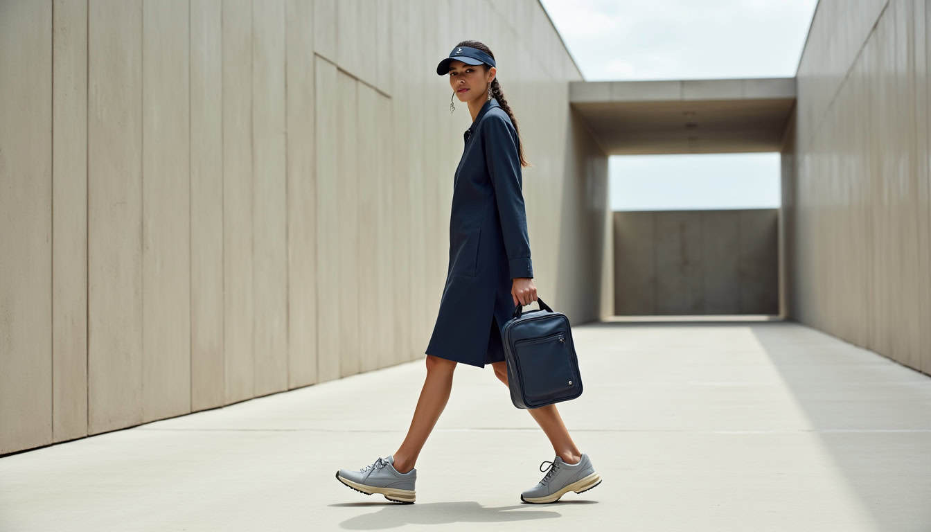 Mannequin portant la collection ASICS x A.P.C. 2026 incluant chaussures, tenue de tennis et accessoires