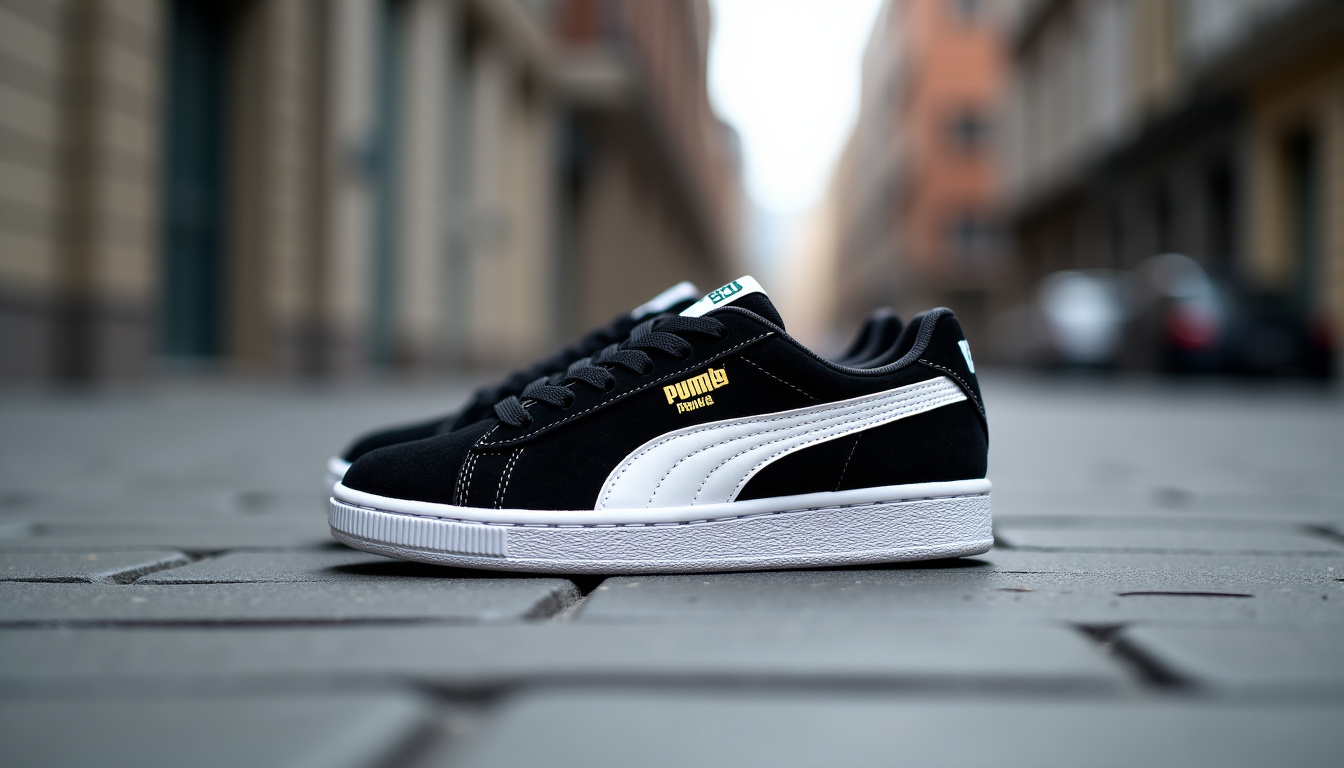 Paire de Puma Suede noires et blanches posées sur un fond urbain, symbolisant l
