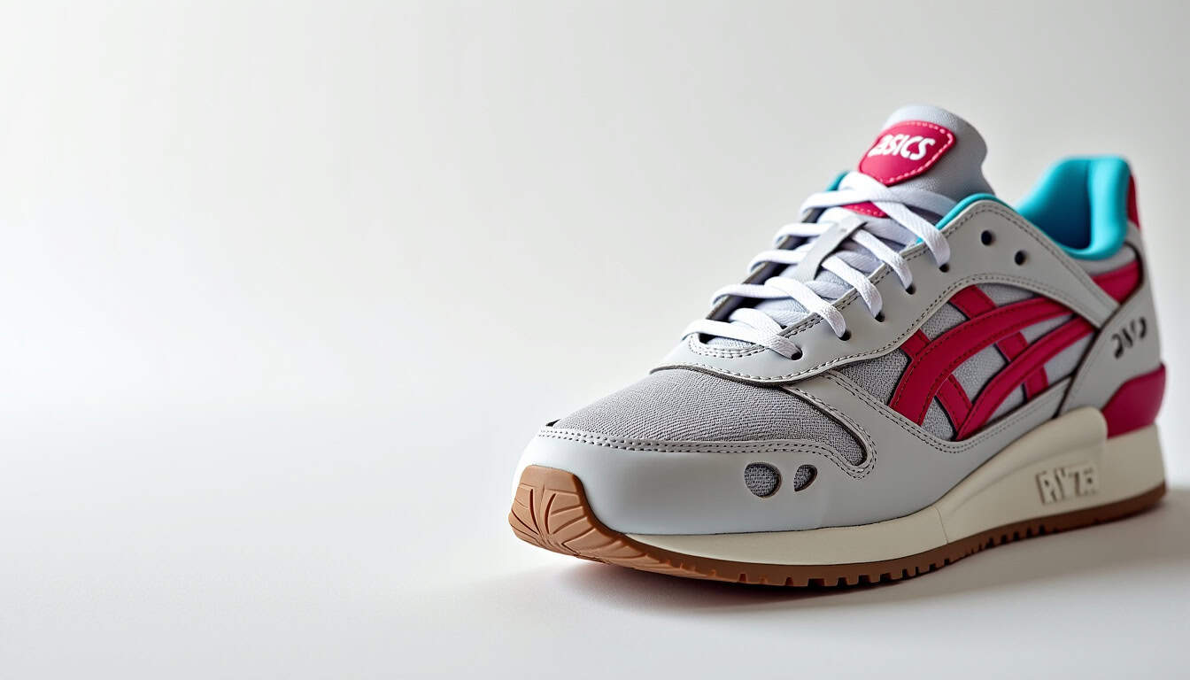 Photographie de la chaussure Asics x Kith GEL-Lyte III, montrant les détails du cuir et les surpiqûres colorées caractéristiques du partenariat