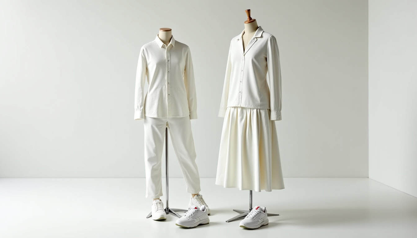 Photographie de la collection Asics x A.P.C. dédiée au tennis, incluant la GEL-Kayano 14 A.P.C. et des vêtements de tennis en tenue complète sur un mannequin