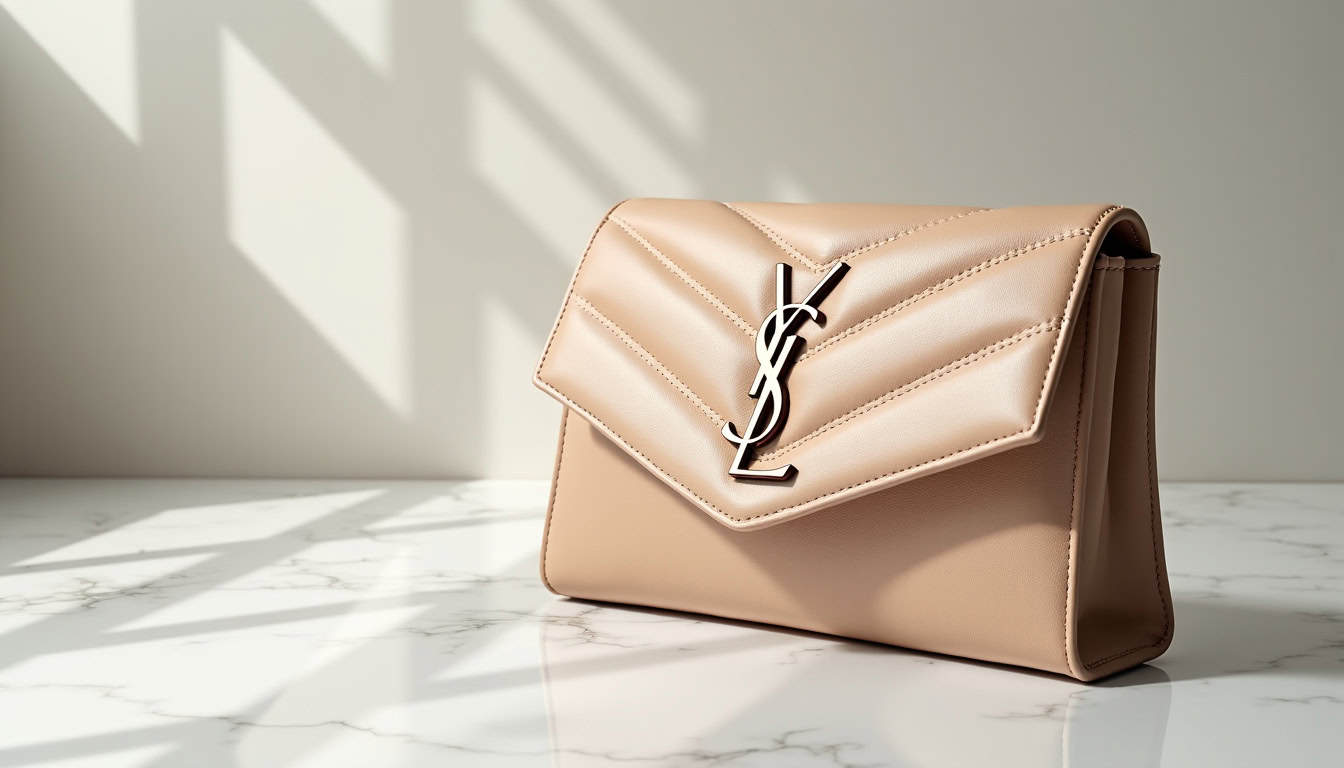 Pochette Gaby Saint Laurent en cuir nude avec matelassage losange et monogramme YSL visible sur le rabat