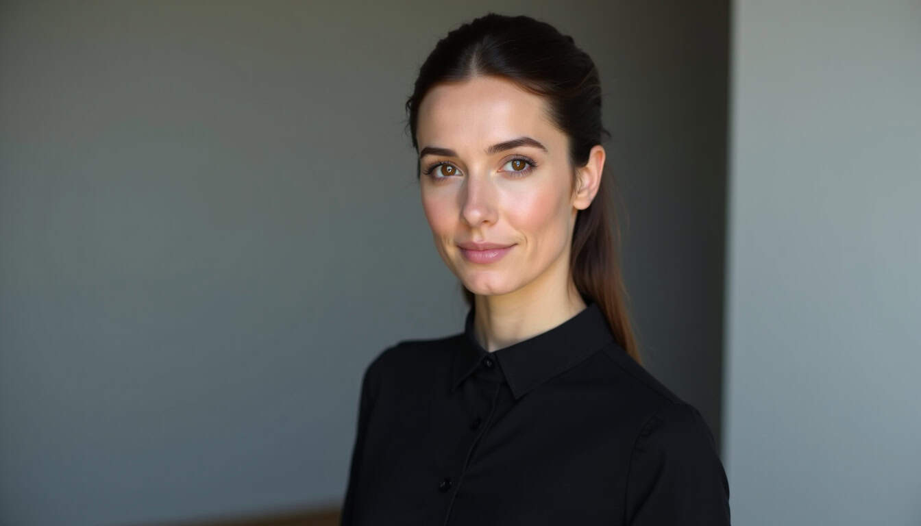 Portrait professionnel de Stella Violet en studio, éclairage doux, regard direct vers l