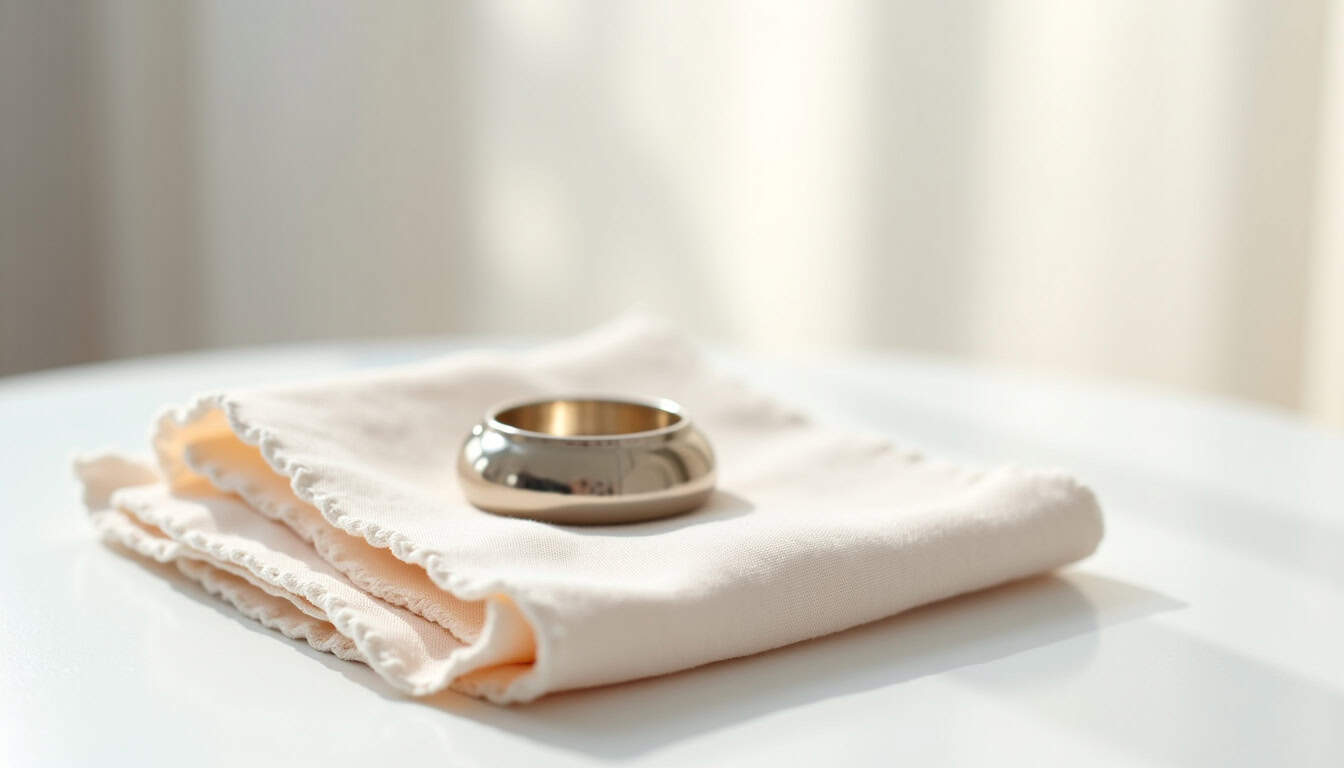 Anel de casamento en acier inoxydable sur une serviette blanche, symbole d'amour et d'engagement.