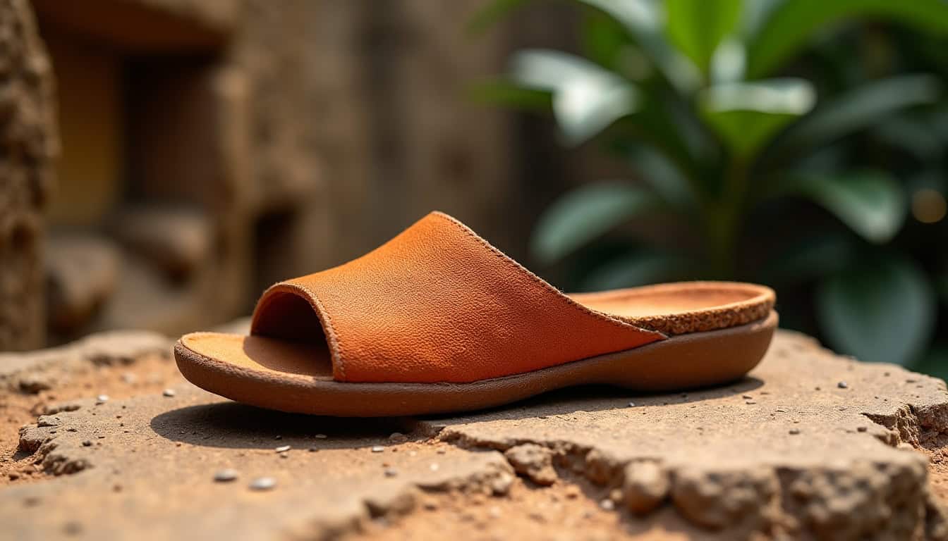 Reconstitution d’une sandale maya traditionnelle avec renfort de talon, posée sur un fond en terre