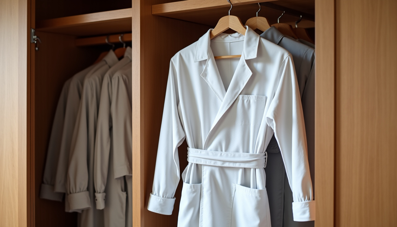 Robe pour homme en coton suspendue sur un cintre en bois, dans une armoire bien rangée