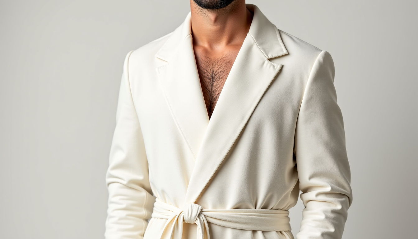 Robe pour homme en lin naturel sur cintre, mettant en valeur la texture du tissu