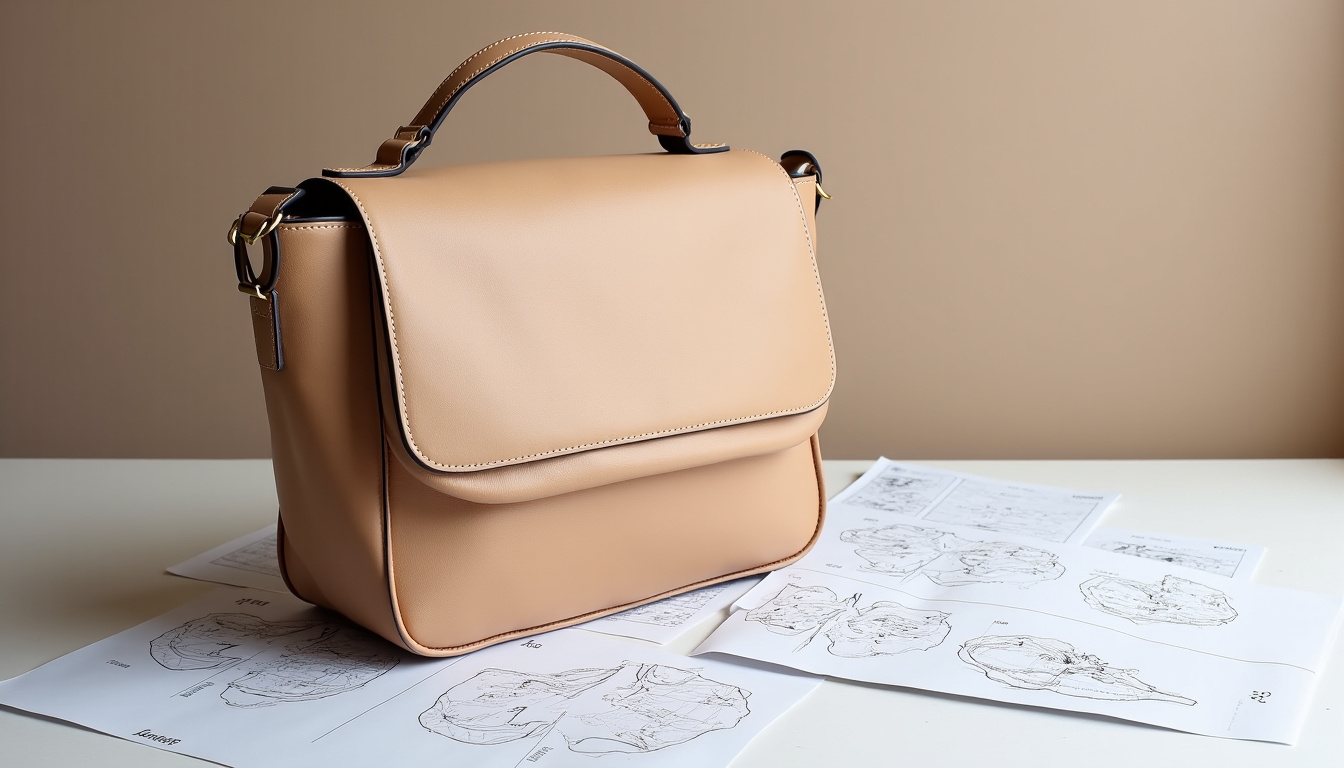 Sac Ateliers Auguste en cuir beige posé sur un plan de travail parisien avec croquis de design à côté