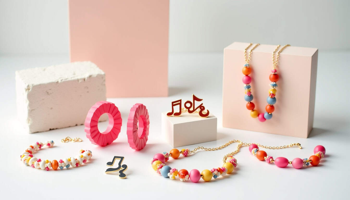Balade de bijoux pour enfants avec colliers, bracelets et boucles d'oreilles colorés.