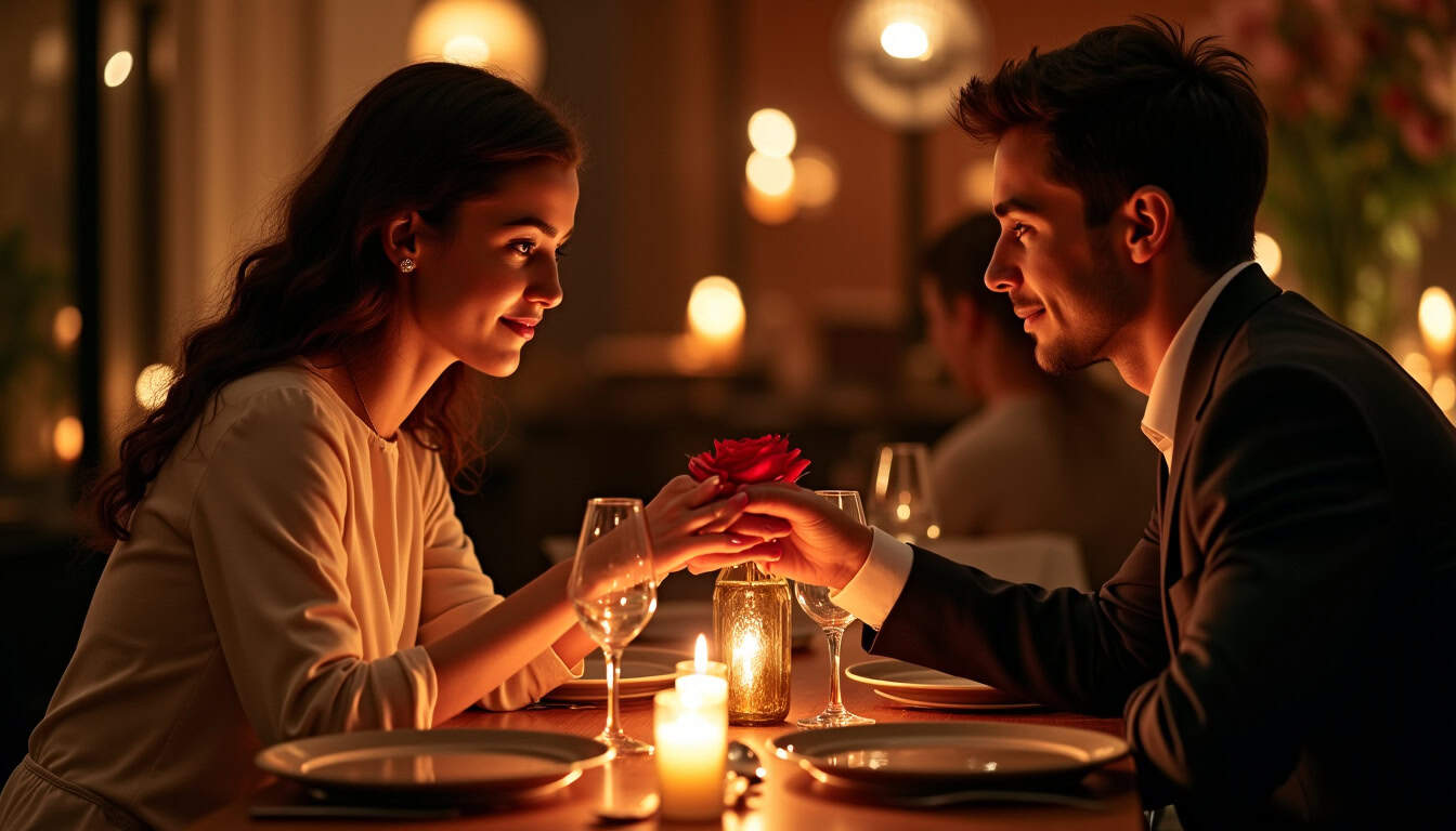 Un couple dînant dans une ambiance tamisée avec une décoration aux tons métalliques pour célébrer leurs 14 ans de mariage