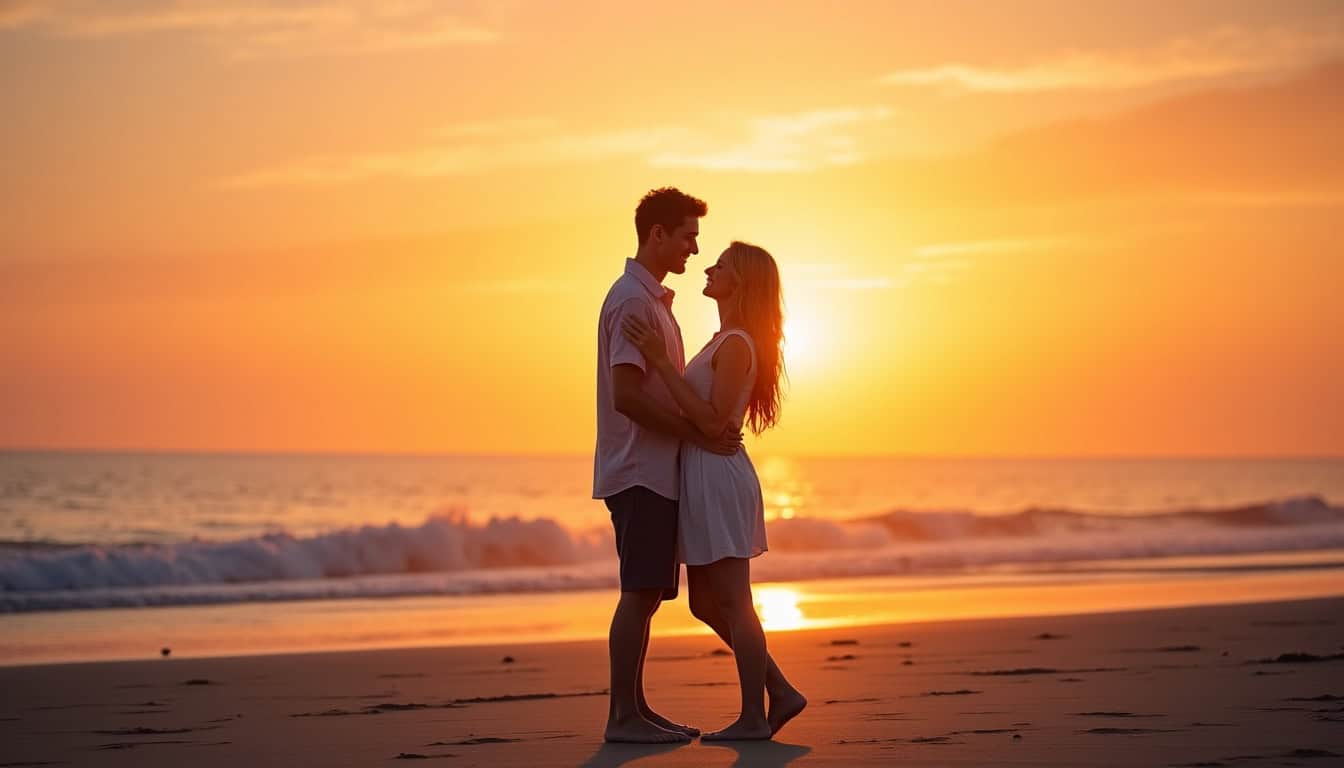 Un couple heureux enlacé sur une plage au coucher du soleil, célébrant leurs 20 ans de mariage