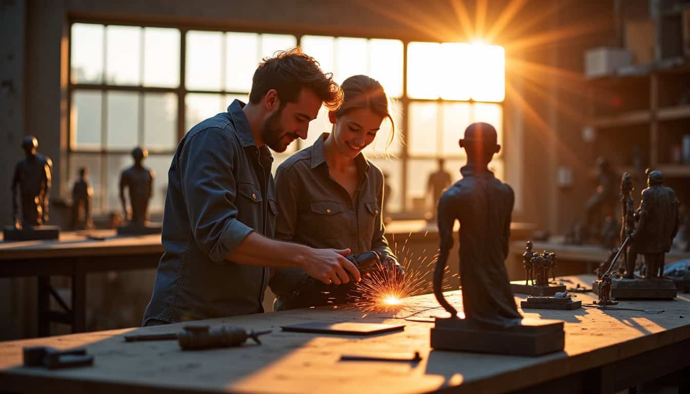 Un couple participant à un atelier de sculpture métallique pour célébrer leurs 14 ans de mariage