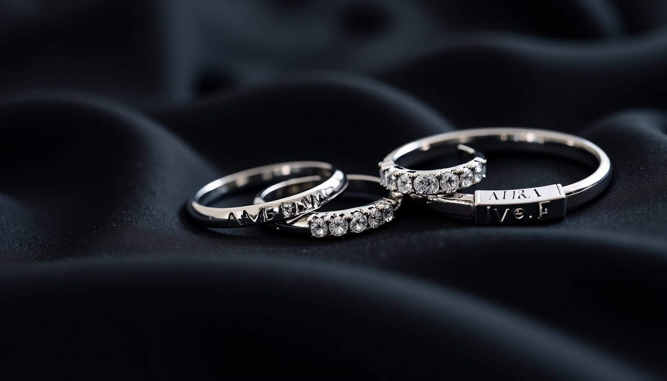 Bijoux APM Monaco personnalisés avec gravure de lettres, disposés sur un tissu noir