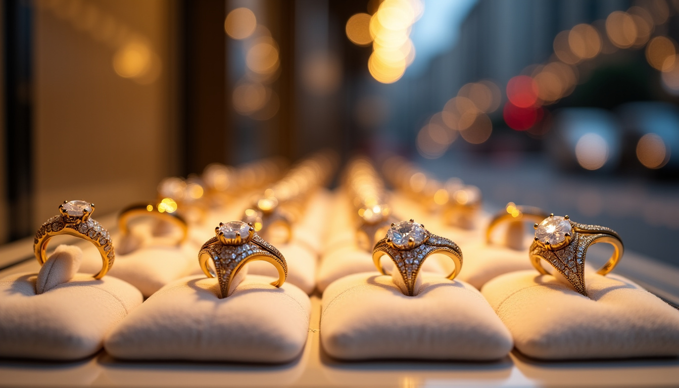 Exposition de bagues en or et argent dans une vitrine d