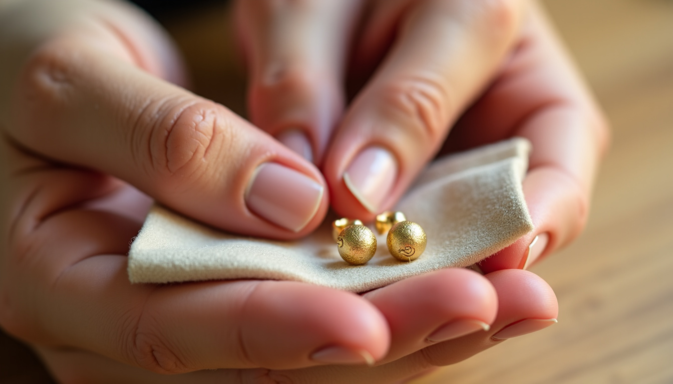 Main tenant un chiffon doux pour nettoyer une paire de boucles d’oreilles en or