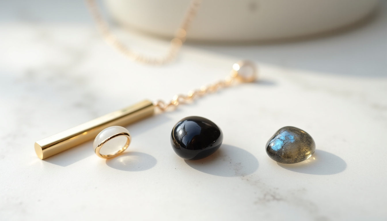 Mise en valeur des matériaux utilisés par Niiki Paris: argent 925, plaqué or 3 microns, pierres fines comme l’onyx, la labradorite et la pierre de lune