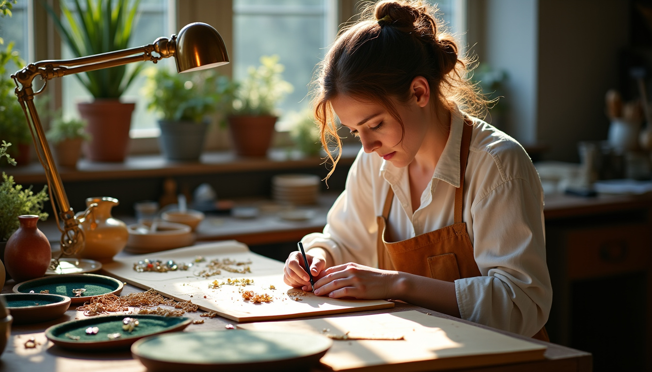 Portrait de Audrey, créatrice de la marque Niiki Paris, en atelier avec des bijoux en cours de fabrication