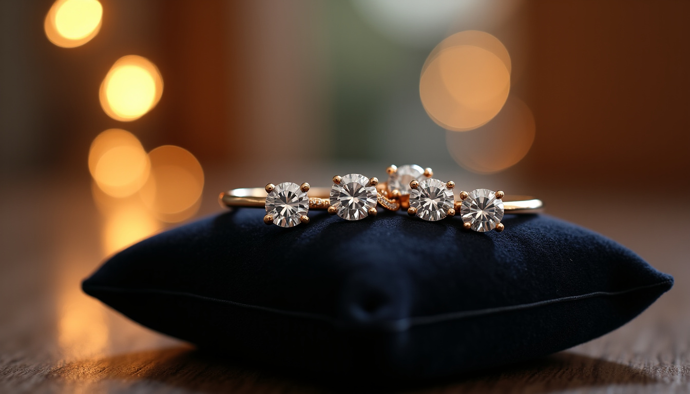 Présentation en boutique de plusieurs bagues de fiançailles Vrai sur coussin de velours noir