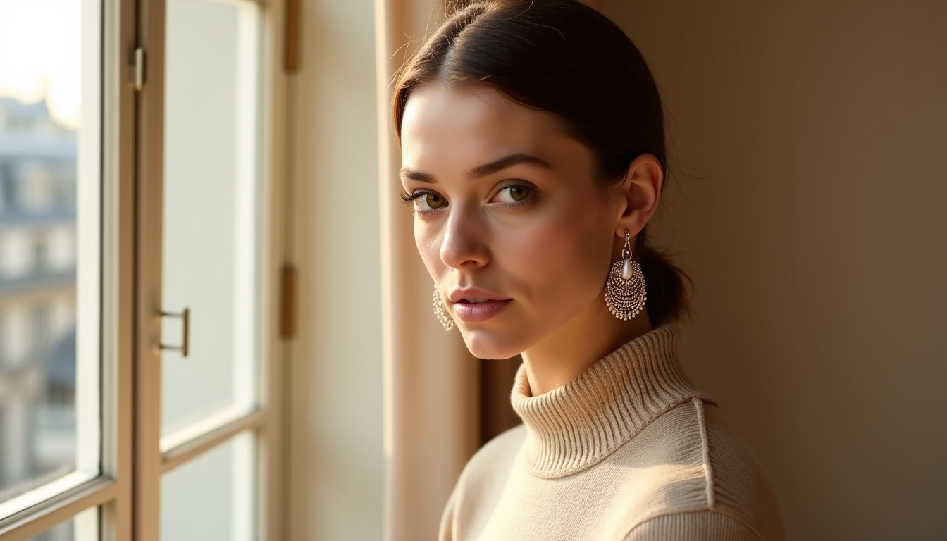 Une femme portant des boucles d’oreilles Niiki Paris, mettant en valeur le bijou et son style personnel