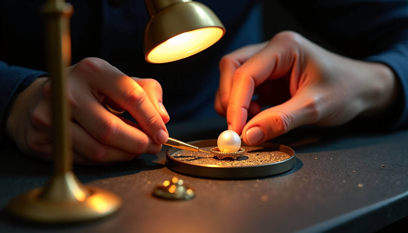 Artisans joailliers Mikimoto en train de travailler sur des montures en or avec des perles Akoya