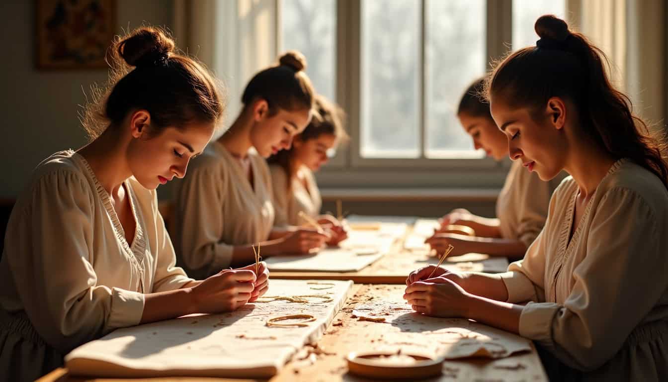 Atelier de broderie à Paris avec couturières travaillant à la main
