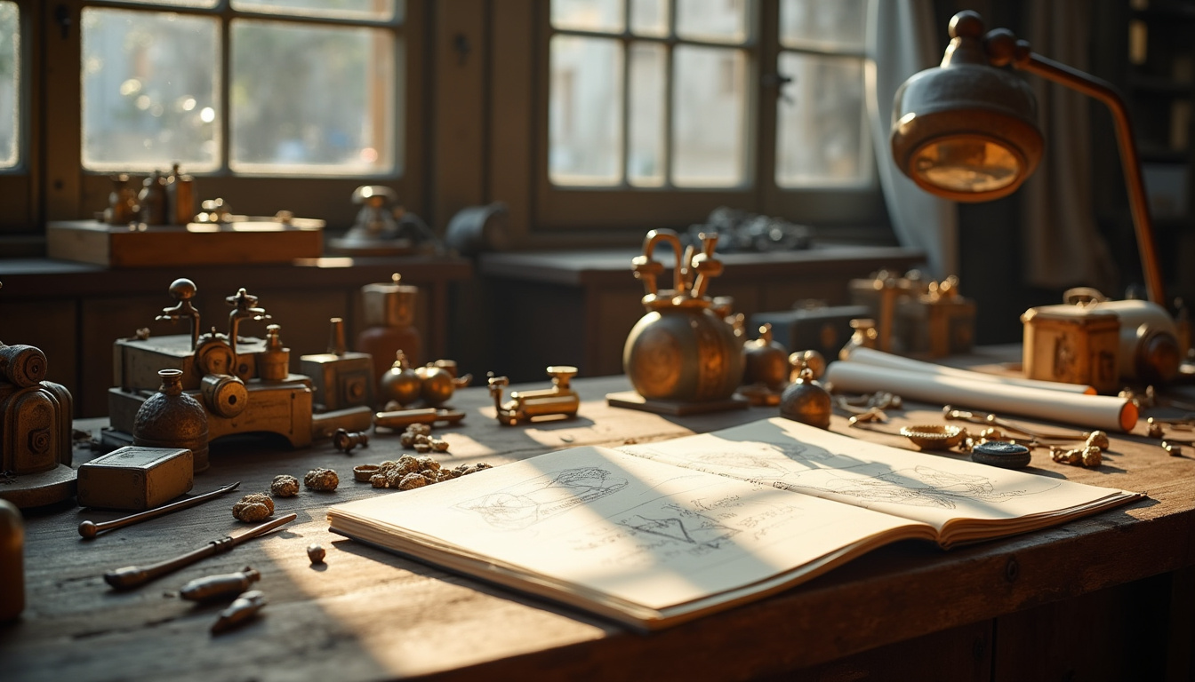 Atelier de création Anita Ko à Los Angeles, vue sur un établi avec outils anciens et croquis de bijoux