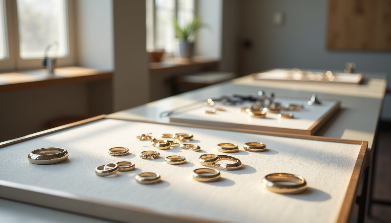 Atelier de Spinelli Kilcollin à Los Angeles montrant des bijoux en cours de fabrication sur des tables de travail épurées