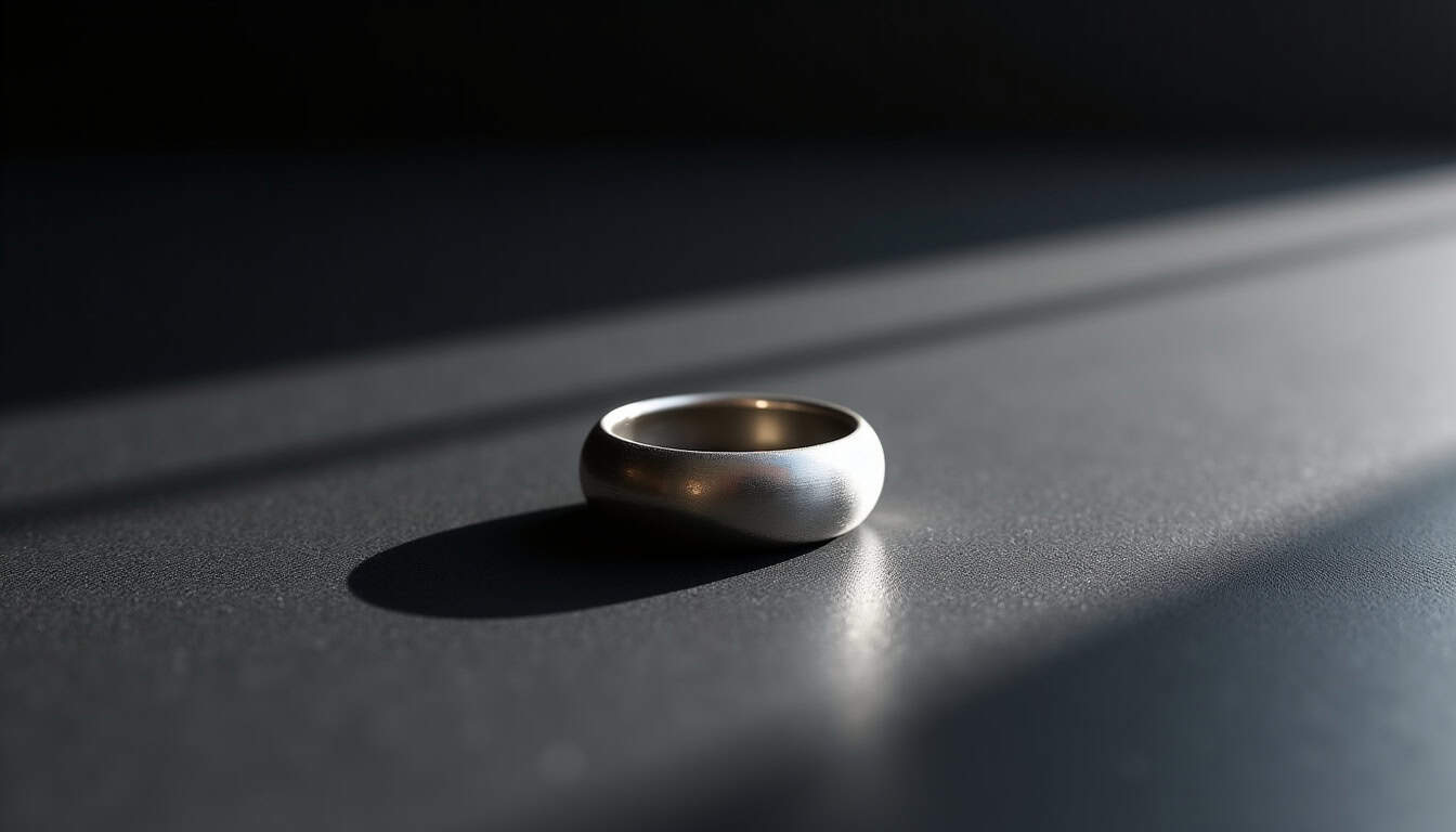 Bague Dôme de Mejuri en argent sterling sur un fond sombre mettant en valeur les reflets du métal