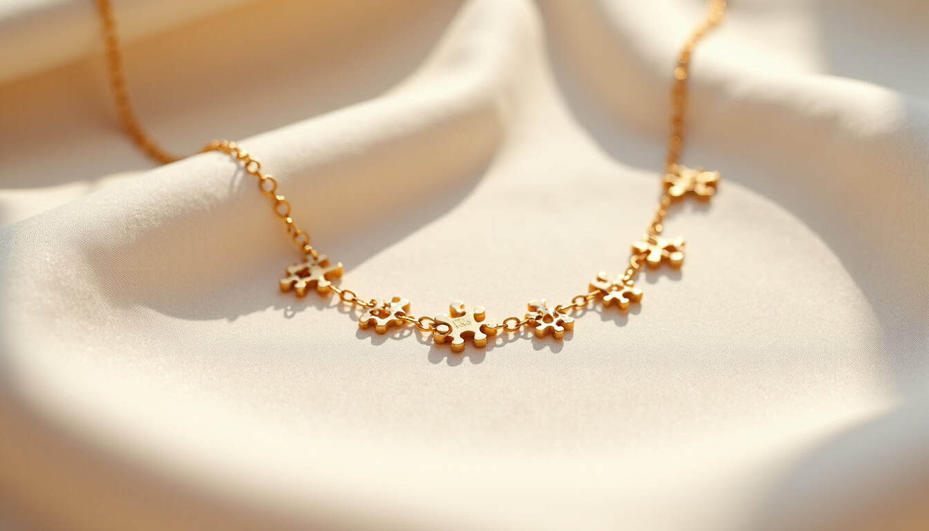 Collier de la collection Puzzle de Mejuri avec plusieurs charms en or ajoutés à la chaîne, posé sur un tissu neutre