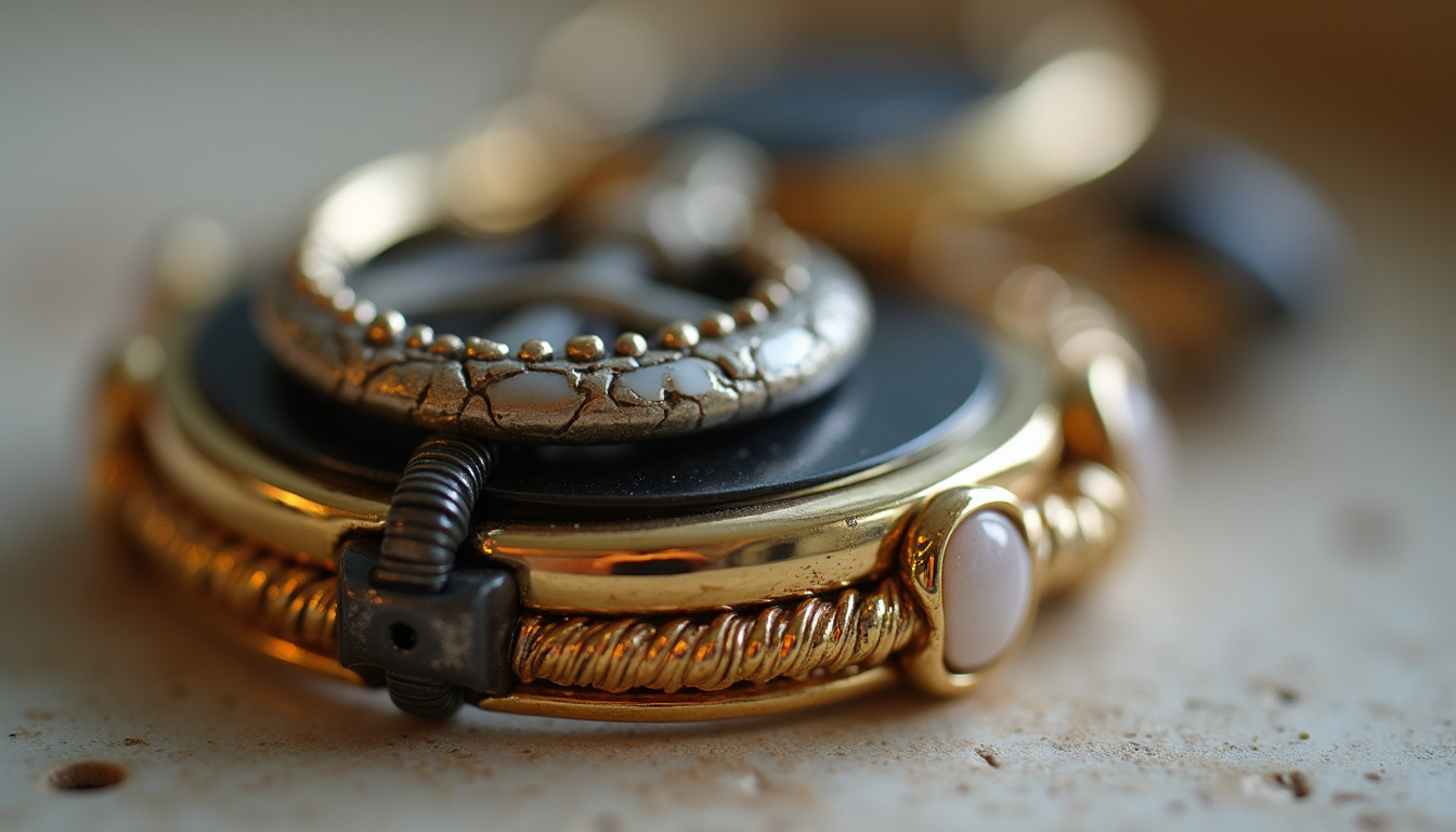 Détail d’un bijou Spinelli Kilcollin mettant en évidence la finition précise et l’assemblage de matériaux contrastés