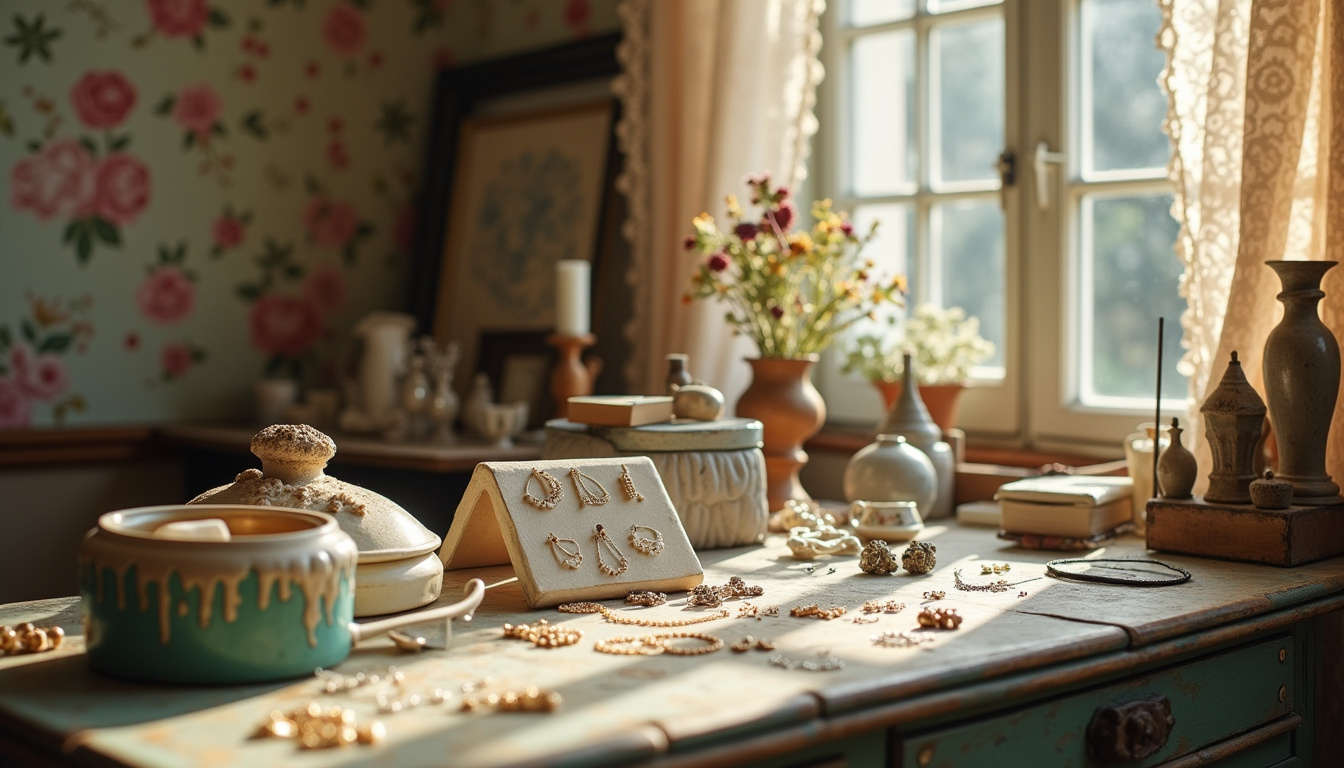 Détail d’un univers décoratif Myrtille Beck avec papiers peints fleuris, objets chinés et bijoux en exposition