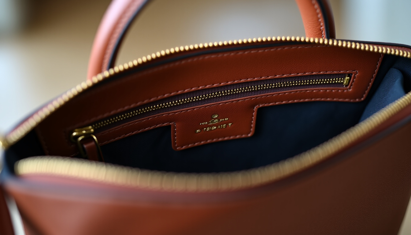 Détails du cuir et de la doublure d’un sac Marc Jacobs, montrant la qualité de la finition